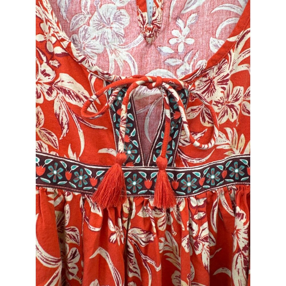 Beach Lunch Lounge Dress Sz M Orange Floral Boho Peasant Tasseled Casual 3/4Slv - Picture 5 of 14